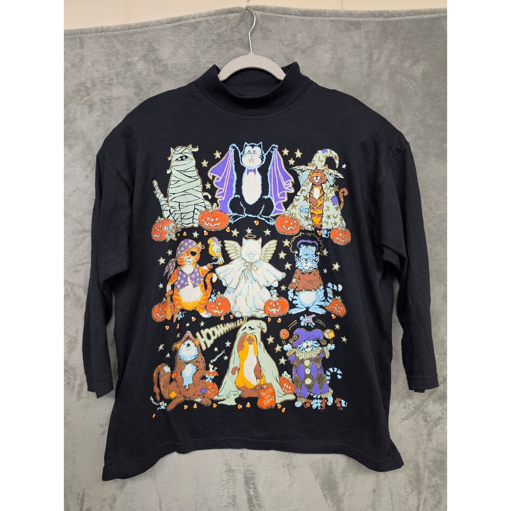 American Vintage Halloween Cats Glitter Mock Neck Shirt Black One Size USA Made